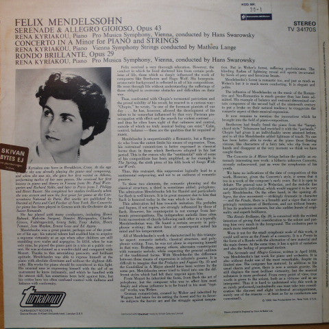 Felix Mendelssohn-Bartholdy, Rena Kyriakou : The World Première Recordings Of Concerto In A Minor For Piano And Strings / Serenade And Allegro Gioioso / Rondo Brillante (LP)