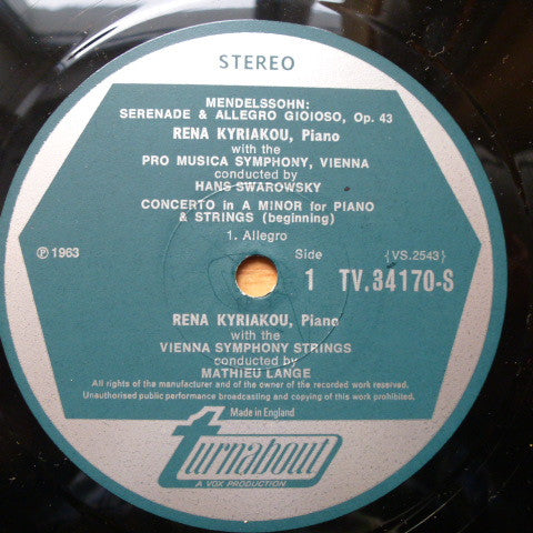 Felix Mendelssohn-Bartholdy, Rena Kyriakou : The World Première Recordings Of Concerto In A Minor For Piano And Strings / Serenade And Allegro Gioioso / Rondo Brillante (LP)