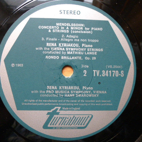 Felix Mendelssohn-Bartholdy, Rena Kyriakou : The World Première Recordings Of Concerto In A Minor For Piano And Strings / Serenade And Allegro Gioioso / Rondo Brillante (LP)