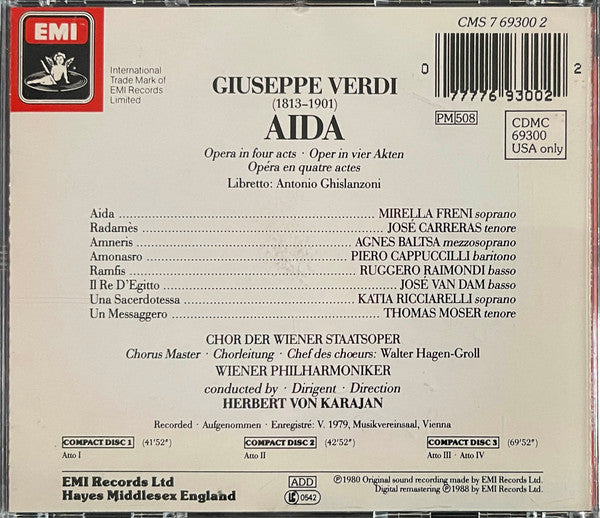 Giuseppe Verdi, Mirella Freni, José Carreras, Agnes Baltsa, Piero Cappuccilli, Ruggero Raimondi, José van Dam, Katia Ricciarelli, Thomas Moser, Wiener Staatsopernchor, Wiener Philharmoniker, Herbert Von Karajan : Aida (3xCD, RM + Box, RE)