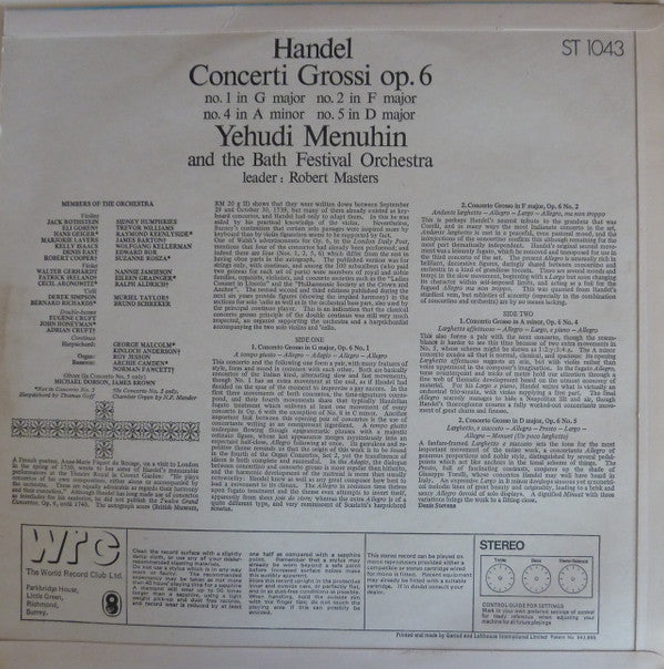 Handel* / Yehudi Menuhin And The Bath Festival Orchestra / Leader: Robert Masters (2) : Concerti Grossi Op. 6 (LP, Album, Club)