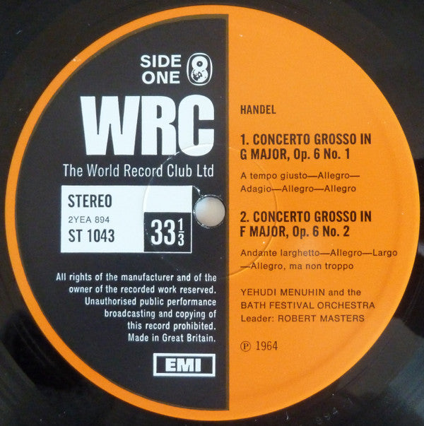 Handel* / Yehudi Menuhin And The Bath Festival Orchestra / Leader: Robert Masters (2) : Concerti Grossi Op. 6 (LP, Album, Club)