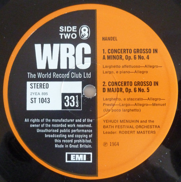 Handel* / Yehudi Menuhin And The Bath Festival Orchestra / Leader: Robert Masters (2) : Concerti Grossi Op. 6 (LP, Album, Club)