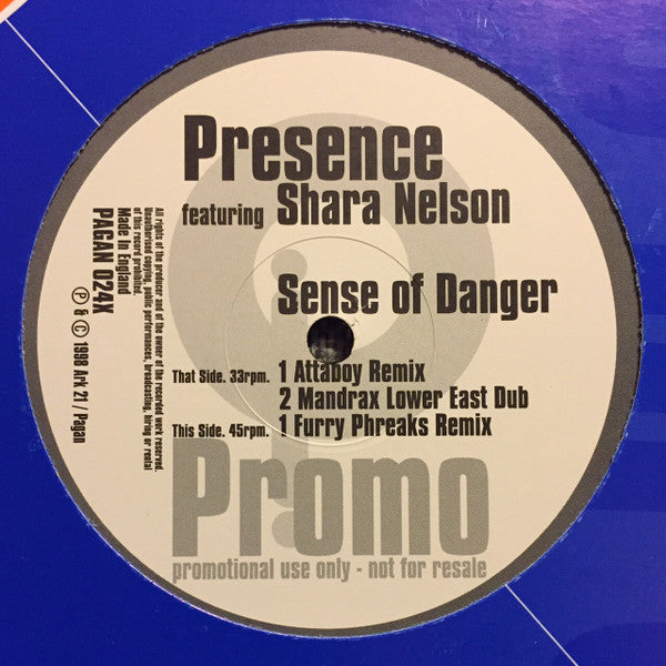 Presence Featuring Shara Nelson : Sense Of Danger (2x12", Promo)