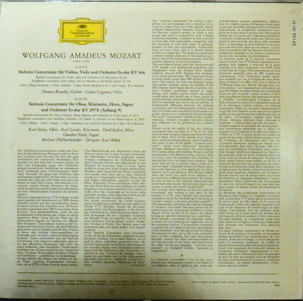Wolfgang Amadeus Mozart, Berliner Philharmoniker, Karl Böhm : Sinfonia Concertante KV 364 & KV 297b (LP, Mono)