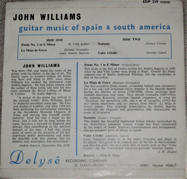 John Williams (7) : Guitar Music Of Spain And South America (7", EP)