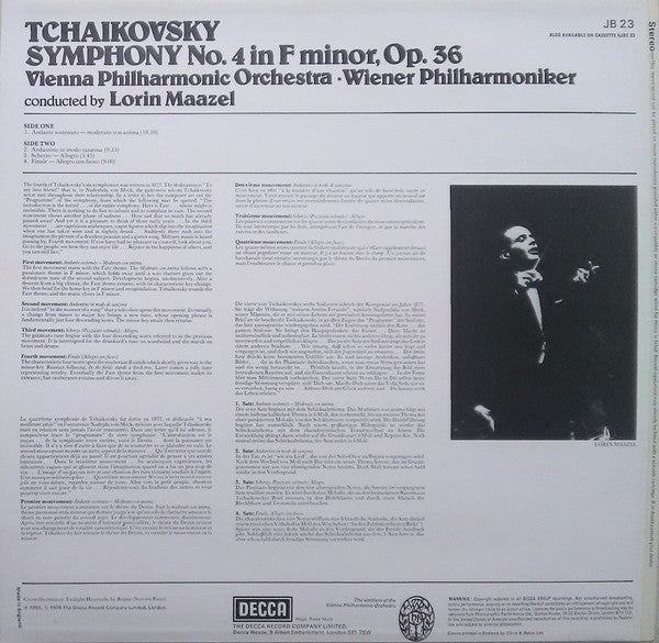 Pyotr Ilyich Tchaikovsky, Wiener Philharmoniker, Lorin Maazel : Symphonie No. 4 In F Minor (LP, Album, RE)