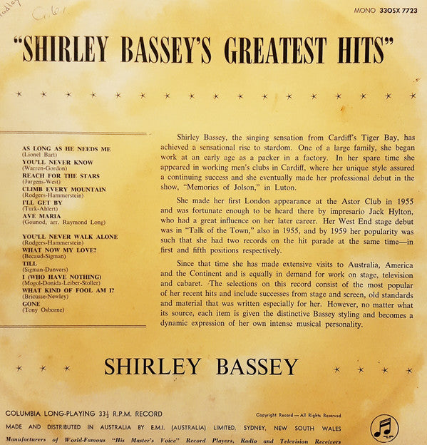 Shirley Bassey : Shirley Bassey's Greatest Hits (LP, Comp, Mono)
