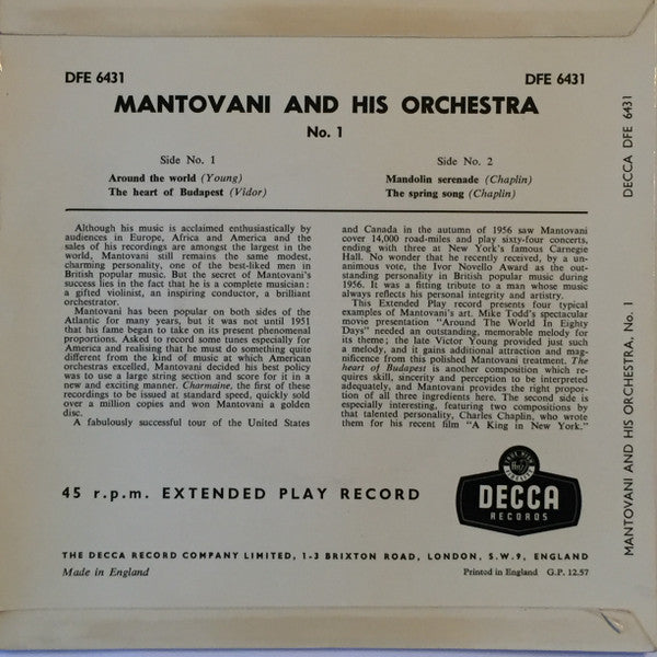Mantovani And His Orchestra : Around The World (7", EP)