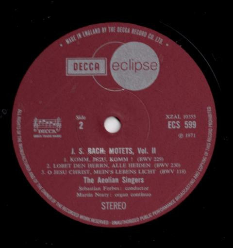 Johann Sebastian Bach, The Aeolian Singers / Sebastian Forbes, Martin Neary (2) : Motets Volume II (LP, RE)