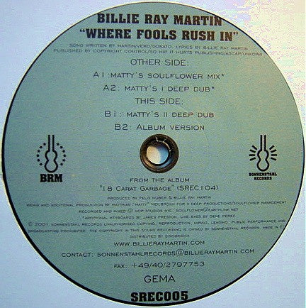 Billie Ray Martin : Where Fools Rush In (12")