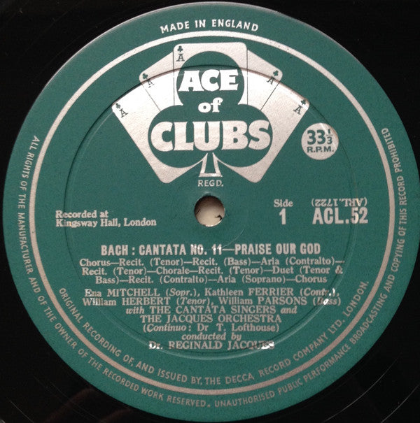 Johann Sebastian Bach - Kathleen Ferrier, Ena Mitchell, William Herbert, William Parsons (2), The Cantata Singers, The Jacques Orchestra, Reginald Jacques : Cantatas - No. 11 "Praise Our God" / No. 67 "Hold In Affection Jesus Christ", From No. 147 "Jesus, Joy Of Man's Desiring" (LP, Album, Mono)