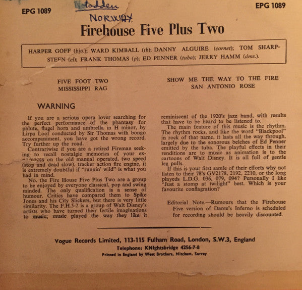 Firehouse Five Plus Two : Firehouse Five Plus Two (7", EP)