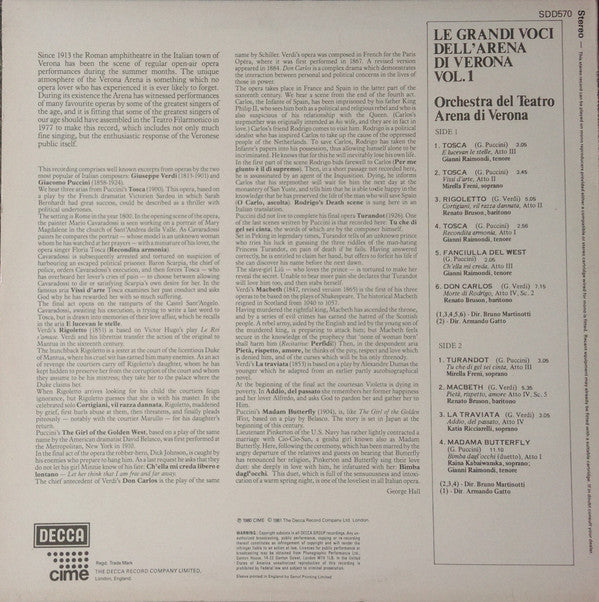 Mirella Freni, Gianni Raimondi, Katia Ricciarelli, Renato Bruson, Raina Kabaivanska, Orchestra Del Teatro Arena Di Verona : Le Grandi Voci Dell' Arena Di Verona   Vol.1 (LP)