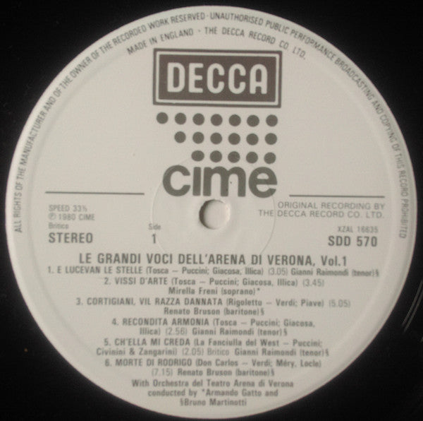 Mirella Freni, Gianni Raimondi, Katia Ricciarelli, Renato Bruson, Raina Kabaivanska, Orchestra Del Teatro Arena Di Verona : Le Grandi Voci Dell' Arena Di Verona   Vol.1 (LP)