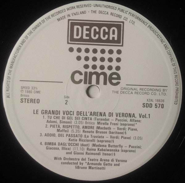 Mirella Freni, Gianni Raimondi, Katia Ricciarelli, Renato Bruson, Raina Kabaivanska, Orchestra Del Teatro Arena Di Verona : Le Grandi Voci Dell' Arena Di Verona   Vol.1 (LP)
