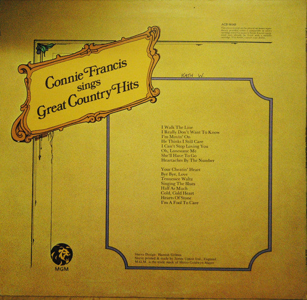 Connie Francis : Connie Francis Sings Great Country Hits (LP, Comp, Club)