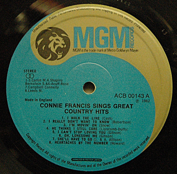 Connie Francis : Connie Francis Sings Great Country Hits (LP, Comp, Club)