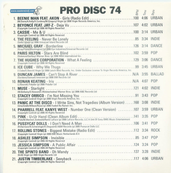 Various : Mastermix Pro Disc 74 (September 2006) (CD, Album, Comp, Promo)