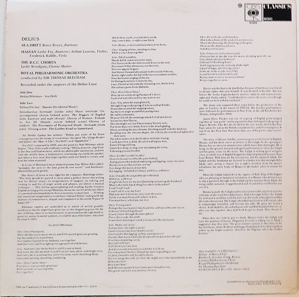 Frederick Delius, BBC Symphony Chorus, Leslie Woodgate, Royal Philharmonic Orchestra, Sir Thomas Beecham, Bruce Boyce, Leslie Fry : Sea Drift / Hassan (LP, Comp, Mono)