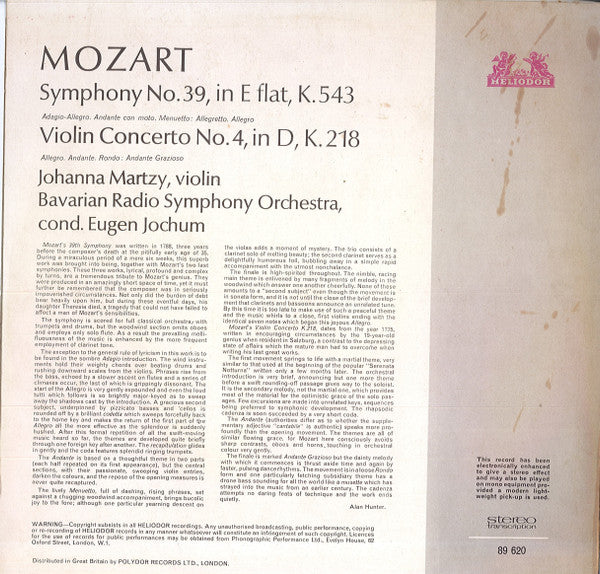 Wolfgang Amadeus Mozart, Johanna Martzy, Symphonie-Orchester Des Bayerischen Rundfunks, Eugen Jochum : Symphony No. 39 In E Flat, K.543 / Violin Concerto No. 4 In D, K.218 (LP, Comp, RE, Fak)