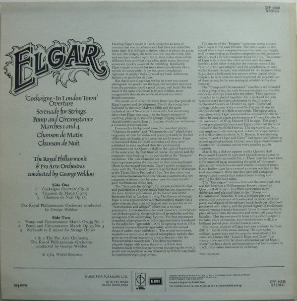 Sir Edward Elgar, Royal Philharmonic Orchestra & Pro Arte Orchestra, George Weldon : Cockaigne - In London Town Overture / Serenade For Strings / Pomp And Circumstance Marches 1 And 4 / Chanson De Matin / Chanson De Nuit (LP, Album, RE)