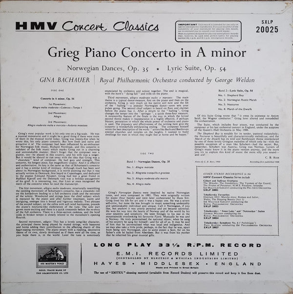 Edvard Grieg, Royal Philharmonic Orchestra, Gina Bachauer, George Weldon : Piano Concerto - Norwegian Dances - Lyric Suite (LP)