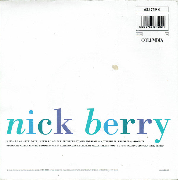 Nick Berry : Long Live Love (7", Pos)