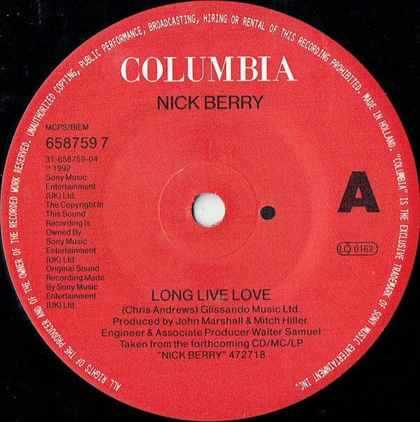 Nick Berry : Long Live Love (7", Pos)