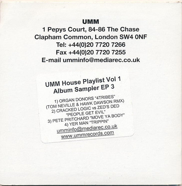 Various : UMM House Playlist Vol 1 Album Sampler EP 3 (CDr, EP, Promo, Smplr)