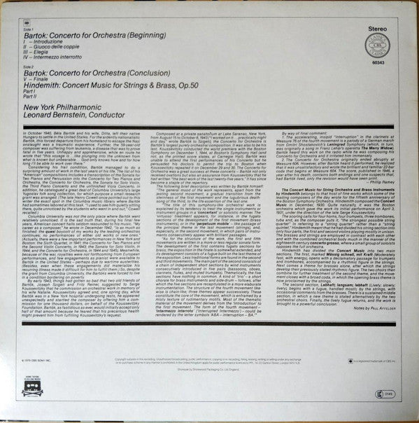 Béla Bartók, Paul Hindemith, Leonard Bernstein, New York Philharmonic : Concerto For Orchestra / Concert Music For Strings & Brass, Op. 50 (LP, Comp)