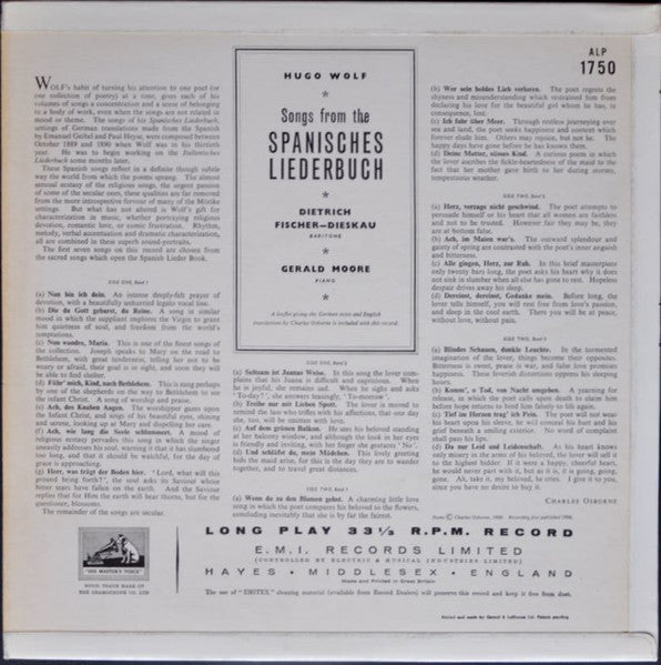 Hugo Wolf : Songs From The Spanish Songbook (LP, Album, Mono)
