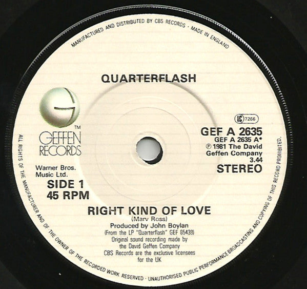 Quarterflash : Right Kind Of Love / You're Holding Me Back (7")