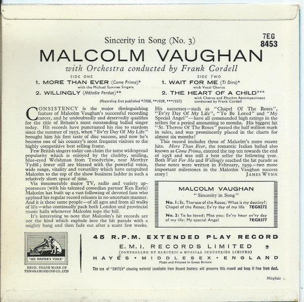 Malcolm Vaughan : Sincerity In Song (no.3) (7", EP)