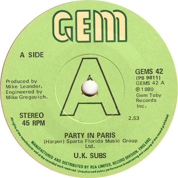 UK Subs : Party In Paris (7", Single, Ora)