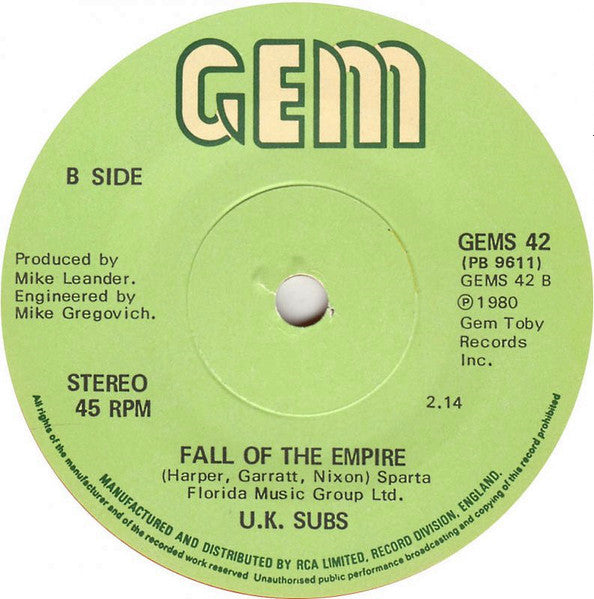UK Subs : Party In Paris (7", Single, Ora)