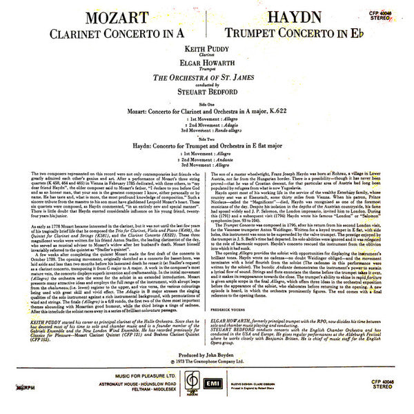 Wolfgang Amadeus Mozart, Joseph Haydn, Keith Puddy, Elgar Howarth, The Ensemble Of St. James Conducted By Steuart Bedford : Mozart Clarinet And Haydn Trumpet Concertos (LP, RP)