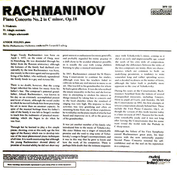 Sergei Rachmaninoff, Andor Foldes, Berliner Philharmoniker, Leopold Ludwig : Piano Concerto No.2 In C Minor (LP, Album, RE)