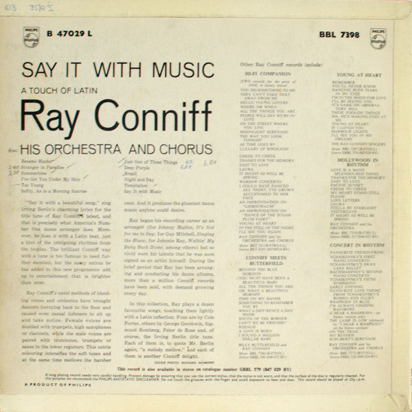 Ray Conniff And His Orchestra & Chorus : Say It With Music (A Touch Of Latin) (LP, Album, Mono)