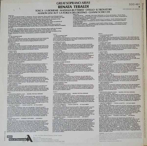 Renata Tebaldi : Great Soprano Arias (LP, Comp)
