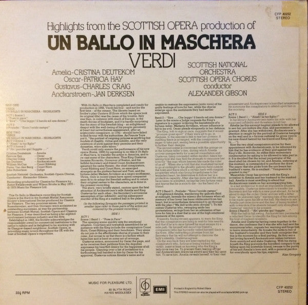 Giuseppe Verdi, Royal Scottish National Orchestra, Scottish Opera Chorus, Alexander Gibson : Highlights From The Scottish Opera Production Of Un Ballo In Maschera (LP)