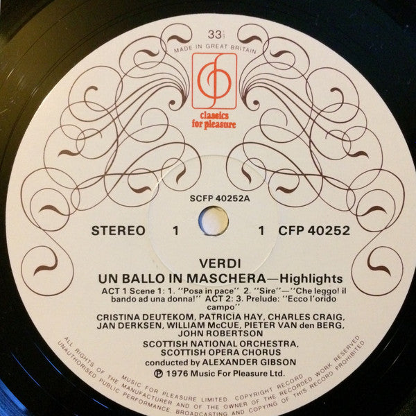 Giuseppe Verdi, Royal Scottish National Orchestra, Scottish Opera Chorus, Alexander Gibson : Highlights From The Scottish Opera Production Of Un Ballo In Maschera (LP)