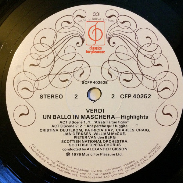 Giuseppe Verdi, Royal Scottish National Orchestra, Scottish Opera Chorus, Alexander Gibson : Highlights From The Scottish Opera Production Of Un Ballo In Maschera (LP)