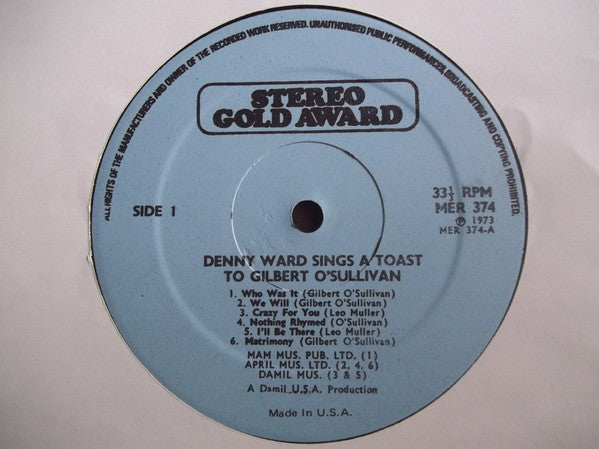 Denny Ward : Denny Ward Sings A Toast To Gilbert O'Sullivan (LP, Album)