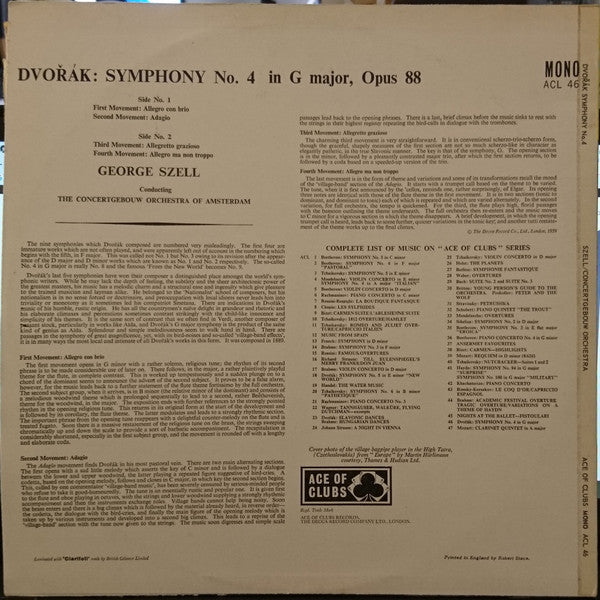 Antonín Dvořák, Concertgebouworkest, George Szell : Symphony No. 4 In G Major, Op. 88 (LP, Mono, RE)