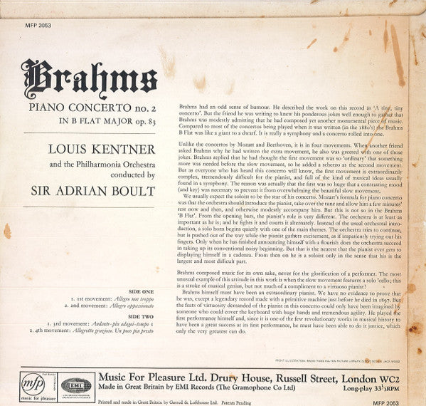 Johannes Brahms, Philharmonia Orchestra, Sir Adrian Boult, Louis Kentner : Concerto No. 2 In B Flat Major, Op. 83 (LP, Mono, RE)