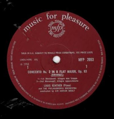 Johannes Brahms, Philharmonia Orchestra, Sir Adrian Boult, Louis Kentner : Concerto No. 2 In B Flat Major, Op. 83 (LP, Mono, RE)