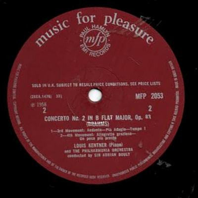 Johannes Brahms, Philharmonia Orchestra, Sir Adrian Boult, Louis Kentner : Concerto No. 2 In B Flat Major, Op. 83 (LP, Mono, RE)