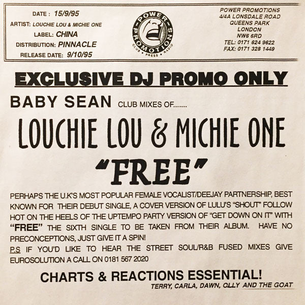 Louchie Lou & Michie One : Free (12", Promo)