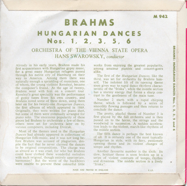 Johannes Brahms, Orchester Der Wiener Staatsoper, Hans Swarowsky : Hungarian Dances Nos 1, 2, 3, 5 & 6 (7")